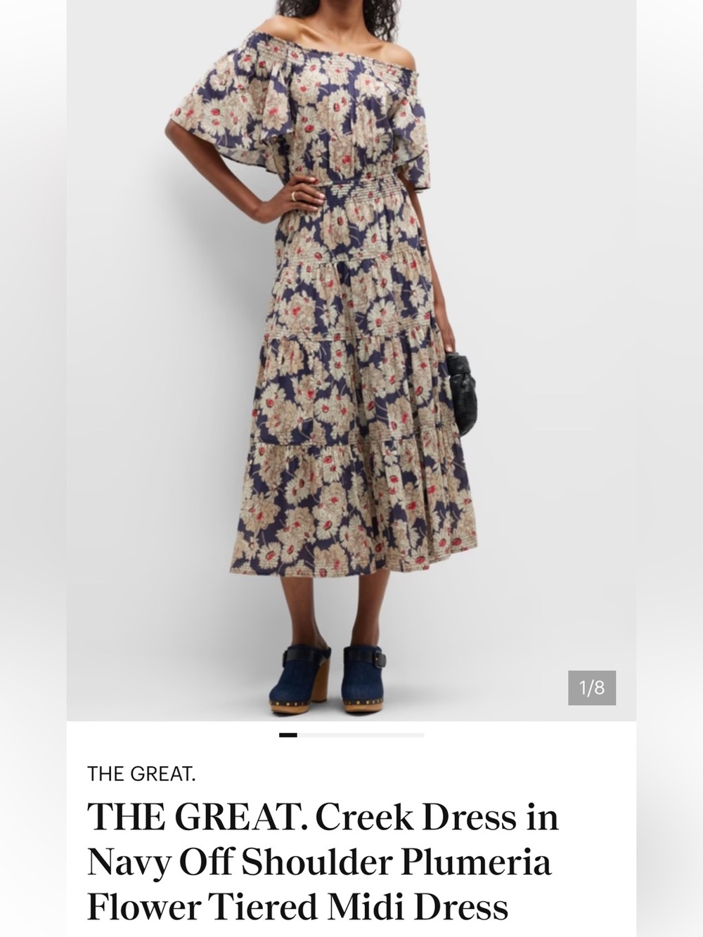 THE GREAT. Navy Floral Off-Shoulder Tiered Midi Dress